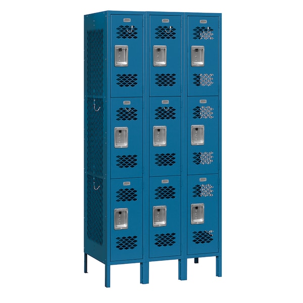 Wardrobe Locker, 36" W, 15" D, 78" H, (3) Wide, (9) Openings, Blue